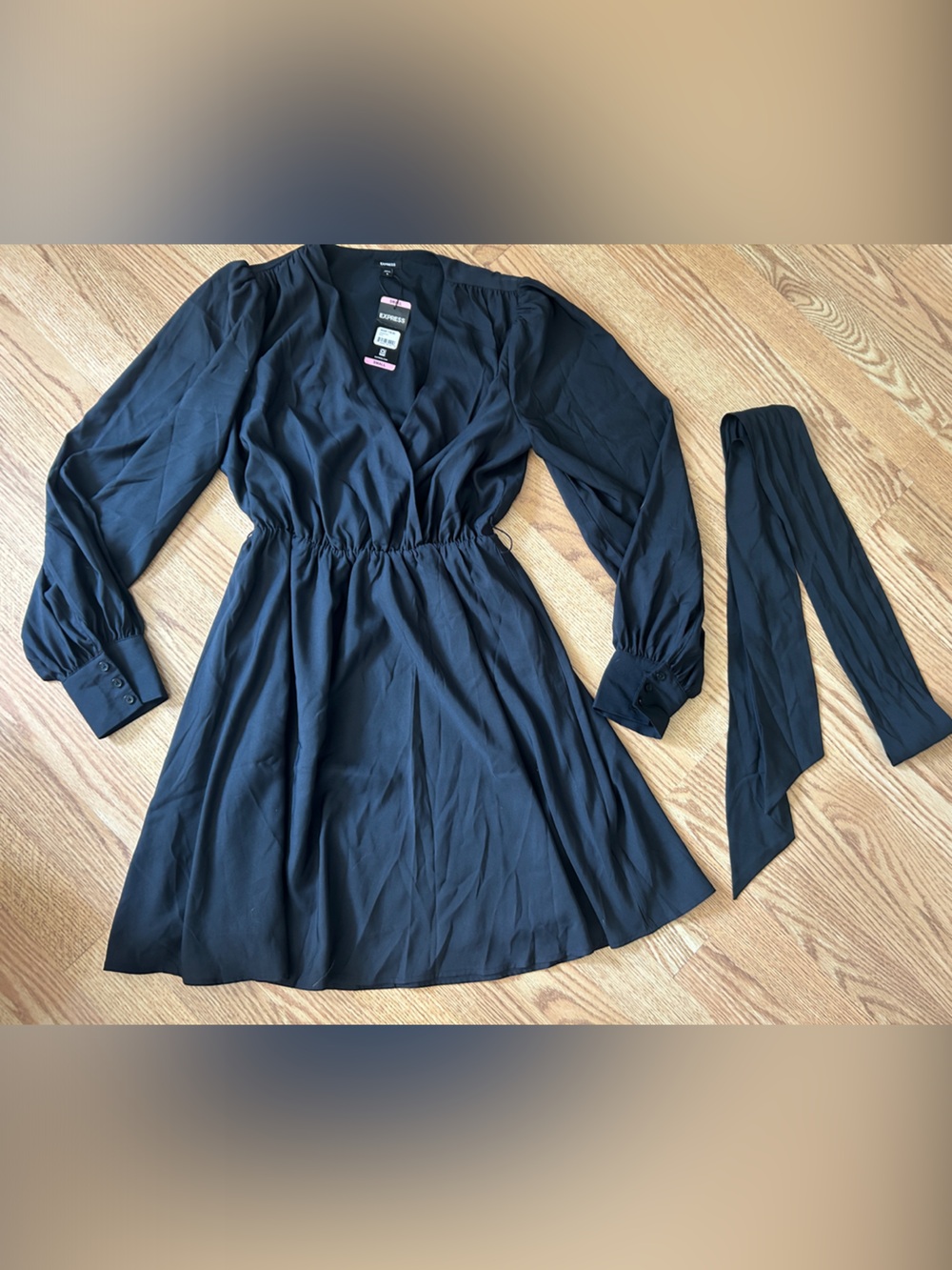 New! Express Black Long-Sleeve Mini Dress with Tie Wrap Look 🖤